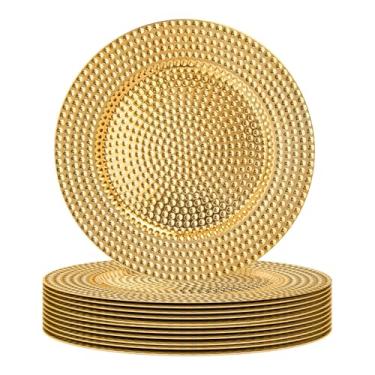 Imagem de MAONAME Conjunto de 12 pratos de carregador de ouro de 33 cm, carregadores de plástico para pratos de jantar, carregadores de placas galvanizadas, carregador redondo de martelo para mesa e decoração