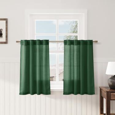 Imagem de Cortinas verdes rústicas para café de cozinha, 76 cm de comprimento, mistura de linho, filtro de luz, cortinas curtas com bolso de haste, aba traseira, design plissado para pia de banheiro, lavanderia