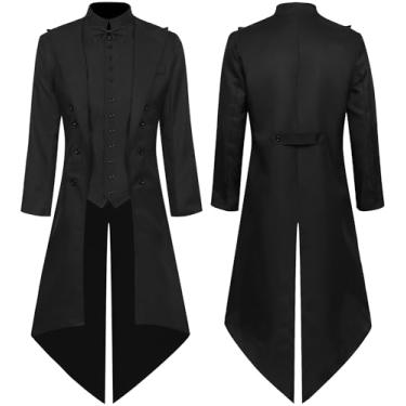 Imagem de FEOYA Jaqueta masculina steampunk medieval gótica renascentista casaco longo pirata vintage, Preto, P