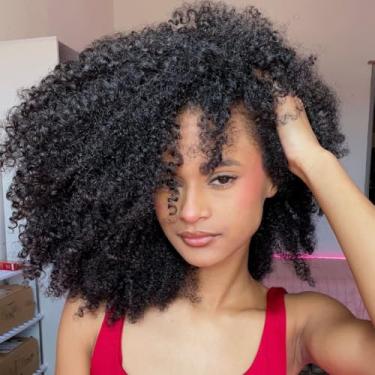 Imagem de QUANDIAN Peruca de cabelo humano encaracolado Kinky com densidade de 200% de desgaste, sem cola, cabelo humano para mulheres negras, peruca de cabelo humano encaracolado 55 cm, peruca virada afro, sem