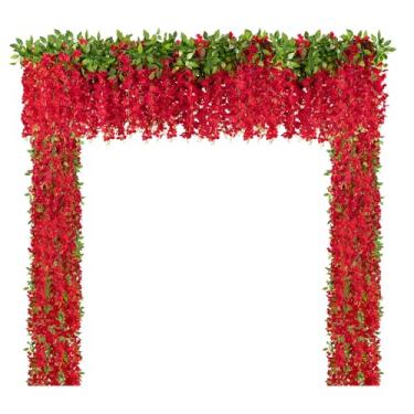 Imagem de U'Artlines 10 peças, guirlanda de glicínia artificial de seda, flores vermelhas falsas, guirlandas de videira para pendurar em casa, jardim, casamento, arco, festa, decoração interna e externa