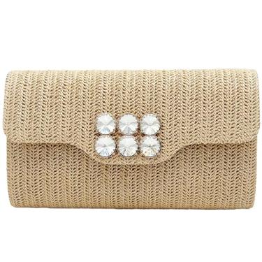 Imagem de U·helper Bolsa clutch de palha, bolsa de praia de tecido de verão, bolsa noturna enfeitada com cristal, bolsa de ombro transversal Boho, Caqui