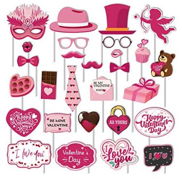 Imagem de Kit de adereços para cabine de fotos de Dia dos Namorados, 28 peças de adereços para fotografia, acessórios divertidos para selfie de fotos para Dia dos Namorados, festa de casamento, fornecedores, lembrancinha de decoração de chá de aniversário