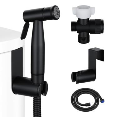 Imagem de MBILLION Pulverizador portátil de bidê para vaso sanitário preto fosco pulverizador portátil de aço inoxidável com mangueira à prova de vazamento, kit de válvula T de 7/20.3 cm para montagem na parede