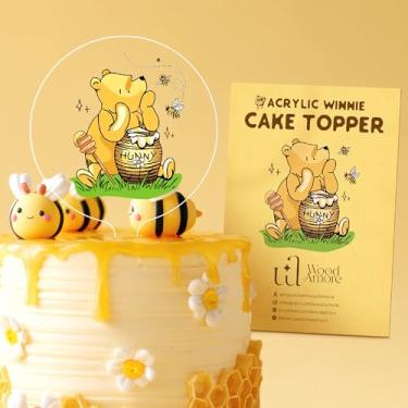 Imagem de Woodamore Topper clássico de bolo de chá de bebê Pooh - Topper de bolo de acrílico decorações de chá de bebê, enfeites de cupcake Pooh Winnie Birthday