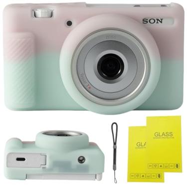 Imagem de SZHSYJY Capa para câmera digital Sony ZV-1F/ ZV-1 II/ZV-1M2, bolsa protetora de silicone macio ZV1F, capa macia antiarranhões com protetor de tela ZV1 F e alça de pulso. (geleia verde rosa)
