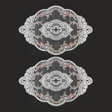Imagem de pson 2 peças de jogo americano de renda retrô bordado oval de 48 x 29 cm para decoração de casa, casamento, vaso e tapetes de copo (branco)