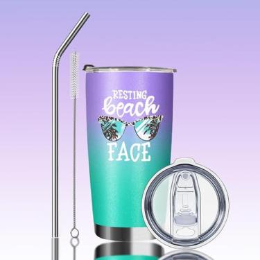 Imagem de Copos isolados de 590 ml com tampa e canudo | Descansando rosto de praia parede dupla de aço inoxidável a vácuo café caneca engraçada legal | Uso de bebidas quentes e geladas (menta + roxo)