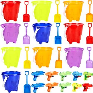 Imagem de Pacote com 30 conjuntos de baldes e pás de praia de 12 cm, incluindo 10 baldes de plástico, 10 pás de areia, balde de areia a granel com 10 pistolas de água para crianças, verão, praia, praia, piscina