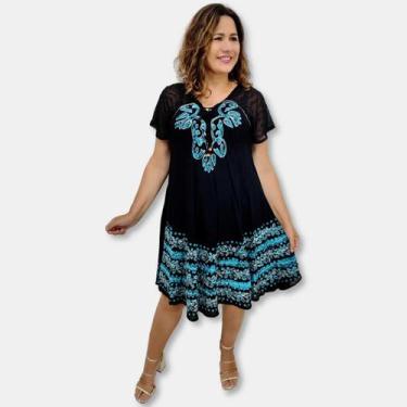 Imagem de Vestido Trapézio Manga Curta Batik Bordado Plus Size cordão - Sarat Mo