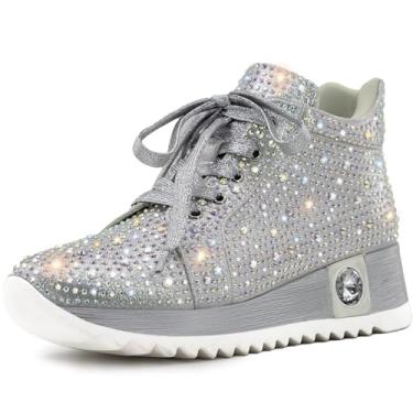 Imagem de FINDVELL Tênis feminino moderno com glitter, plataforma, plataforma, strass brilhante, cano alto, sapatos modernos de lantejoulas, vestido de noiva, Prata, 39
