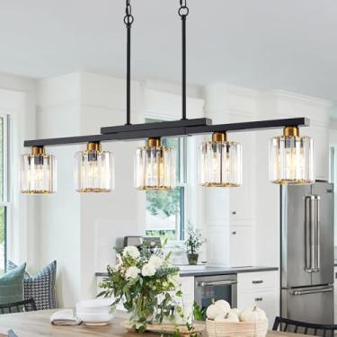 Imagem de Heircido Luminárias de ilha de cozinha, 5 luzes lustres pretos e dourados para sala de jantar sobre mesa, iluminação pendente de cristais de luxo modernos pendurados