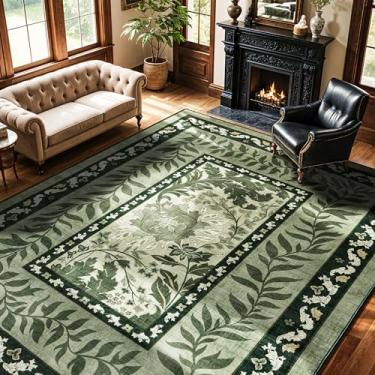 Imagem de LIANLAM Tapete lavável 25,5 x 35,5 cm para sala de estar - resistente a manchas, antiderrapante, design floral, tapete para quarto, durável e ultrafino, vintage, grande área (25 x 35 cm, verde escuro)