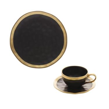 Imagem de Conjunto de Porcelana Para Mesa Posta Dubai Pratos Xícaras Com Pires Preto com Dourado (2, 200ml)