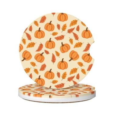 Imagem de Neukim Pacote com 2 porta-copos de carro de folha de abóbora laranja, 6 cm rústico outono antiderrapante porta-copos absorvente de cerâmica com base de cortiça e entalhe de dedo acessórios para carro