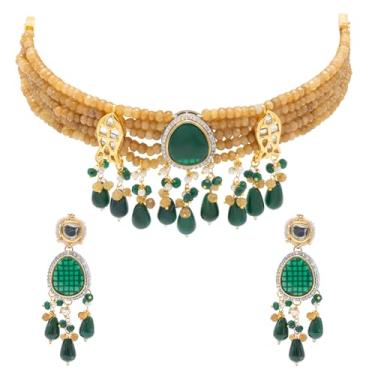 Imagem de Bodha Kundan multicolorido banhado a ouro, colar gargantilha com contas de pérola CZ com brincos maching, conjunto de joias para mulheres (SJN_301_P), 16, Latão, Sem Pedra Preciosa