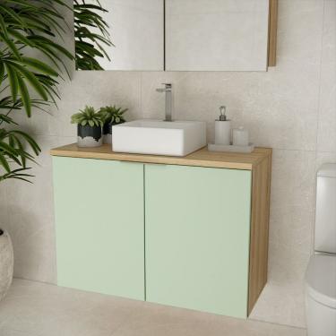 Imagem de Gabinete de Banheiro 90cm X 65cm Marrom Carvalho / Verde