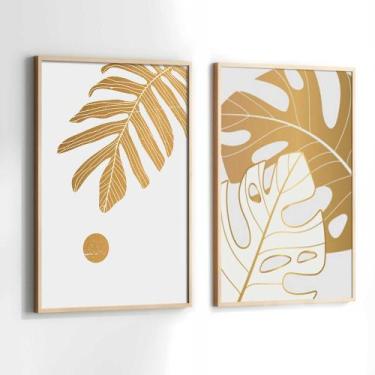 Imagem de Conjunto Quadros Decorativos com Moldura Folhas Douradas Plantas Flore