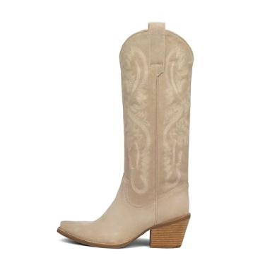 Imagem de Erocalli Botas de cano alto femininas cowgirl caubói ocidental outono grosso bloco alto alto longo moda bota zíper lateral, 1 Bege, 35