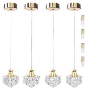 Imagem de 4 Pendente Cristal Dourado Cromado Metal Sala Bet42 + Led - Acienda