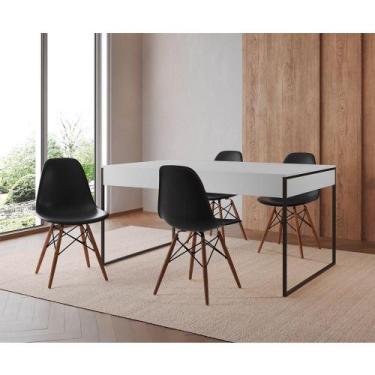 Imagem de Mesa Jantar Industrial Retangular Branca 137X90Cm Base Ferro Preto C/4