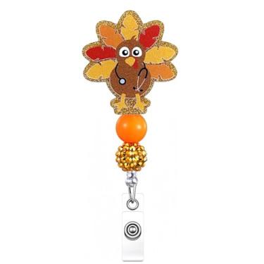 Imagem de Carretel de crachá de outono, porta-crachá retrátil de outono com contas laranjas, glitters brilhantes, cartão de identificação, clipe de jacaré, suporte de crachá de acrílico, presentes de Natal para