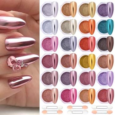 Imagem de Conjunto de 24 pó de unhas cromadas – Pó de pigmento com efeito espelhado de glitter para unhas, camaleão, metal, manicure, pó, suprimentos para unhas com 6 peças, kit de esponja para manicure e