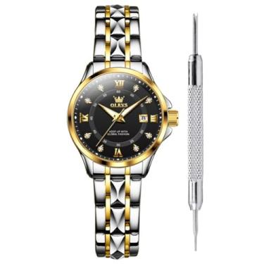 Imagem de OLEVS Relógios clássicos femininos analógicos de quartzo, aço inoxidável, robustos, à prova d'água, numerais romanos, calendário, data, negócios, relógio de pulso, Preto-2906F
