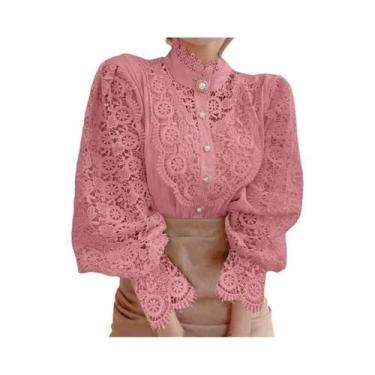 Imagem de Blusa Feminina De Primavera Com Renda Floral, Gola Alta, Botões, Camis