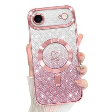 Imagem de Bonoma Compatível com Plus Case 2025 suporte para MagSafe, capa quadriculada magnética com glitter coração chapeado TPU proteção para câmera capa traseira para meninas e mulheres - rosa