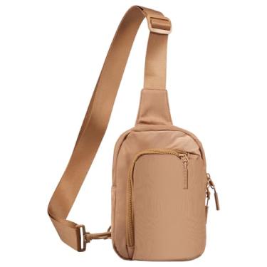Imagem de Bolsa tiracolo com alça de ombro ajustável e bolsos com zíper, bolsa de peito leve de nylon, mochila multiuso para atividades ao ar livre, caminhadas, viagens, Marrom claro