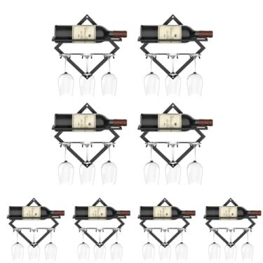 Imagem de Pacote com 8 prateleiras de vinho montadas na parede, suporte de vidro para taças, organizador dobrável de pendurar para vinho tinto com 3 suportes de vidro, suporte de exibição de garrafa de vinho
