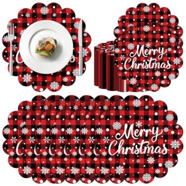 Imagem de 50 peças de jogo americano de papel Feliz Natal vermelho buffalo, xadrez, 33,5 cm, descartáveis, bordas recortadas, tapetes decorativos de mesa de jantar para Natal, aniversário, festa de casamento