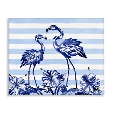 Imagem de Stupell Industries Arte de parede em tela de flamingos índigo sobre listras, design de Paul Brent, 61 x 76 cm