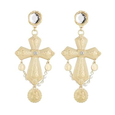 Imagem de HZMAN Brincos pendentes de estilo barroco vintage, brincos grandes banhados a ouro com cruz de strass