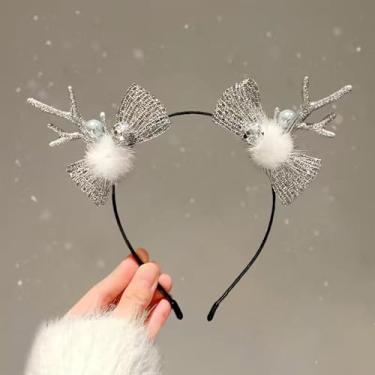 Imagem de Tiara de chifres de rena de Natal com chifres prateados, laço de Natal com glitter, argola de cabelo para mulheres, acessórios de cabelo (prata, pequena)