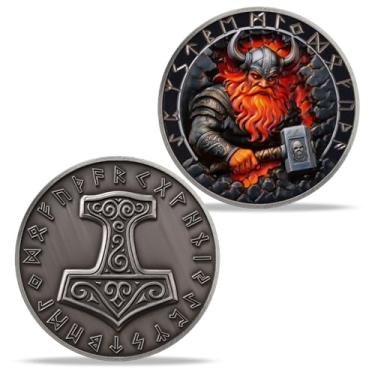 Imagem de Imasoner Moeda de martelo Viking Thor – Medalhão nórdico Mjölnir com runas nórdicas, design de guerreiro viking de dupla face, símbolo de força e proteção, presente de mitologia nórdica para homens e