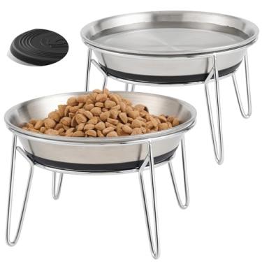 Imagem de Wellbro Tigelas de comida de gato, 2 peças de aço inoxidável para gatos com bigode de comida e água, pratos rasos para fadiga, filhotes de cachorro pequenos, suprimentos para gatos com cara gorda (2