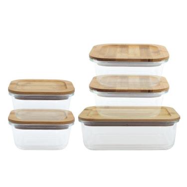 Imagem de Kit 5 Potes Vidro Quadrado/Retangular c/ Tampa Bambu - Oikos