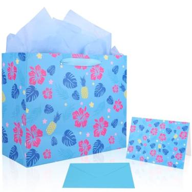 Imagem de Sacolas Presente Tema Desenho Animado Azul Rosa, Sacolas Brindes Havaianas com Envelope de Papel Seda e Cartão Comemorativo para Decoração Aniversário Chá De Bebê e Festa na Praia