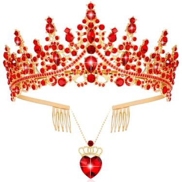 Imagem de Aprince Conjunto de colar com coroa de rainha vermelha e formato de coração, tiara de strass de princesa de cristal para mulheres, conjunto de fantasia de rainha de coração para Halloween, cosplay