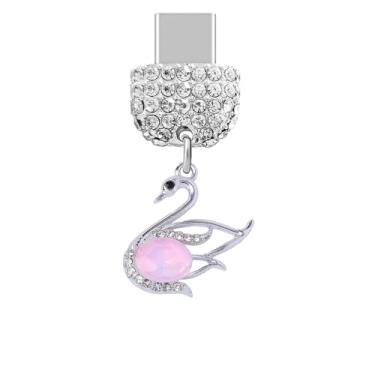 Imagem de ELISE & FONDA TP919 Tipo-C porta de carregamento cristal antipoeira pequeno 3D Swan pingente de celular para iPhone 15/16/Samsung/OnePlus/Xiaomi/oppo telefones Android (rosa)