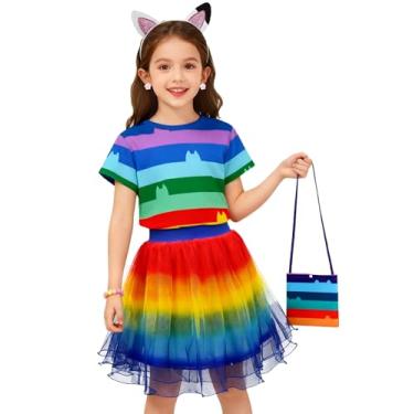 Imagem de MLKIN Vestido tutu arco-íris para meninas, casaco, camiseta, saia, conjunto com faixa de cabeça e bolsa, roupas infantis de Halloween, Arco-íris, 7-8 Anos