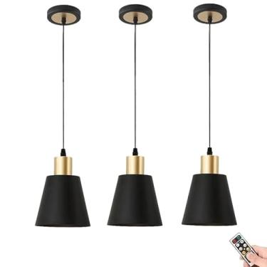 Imagem de Luminária pendente preta dourada com controle remoto sem fio para ilha de cozinha, lustre suspenso operado por bateria para mesa de jantar, sala de estar, casa de fazenda, luz de teto sem fi
