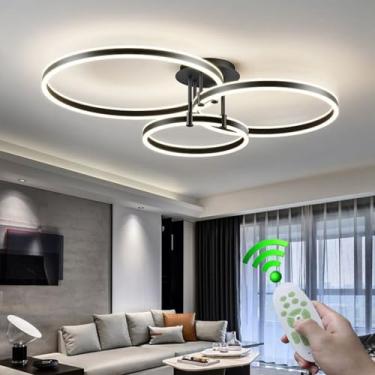 Imagem de Luminária de teto LED moderna 117W Luminária de teto regulável com controle remoto 3 anéis Luzes de teto embutidas Lustre de metal preto LED para sala de estar Quarto Cozinha Luminária (pret