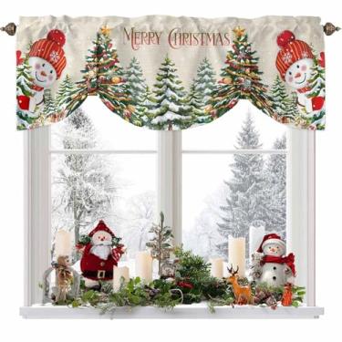 Imagem de Merry Christmas Tie Up Window Valances for Kitchen Cute Snowman Short Topper para janelas pequenas Árvore de Natal Inverno Floco de Neve Rod Pocket Cortina sanefa para quarto sala de estar 106,7 cm x