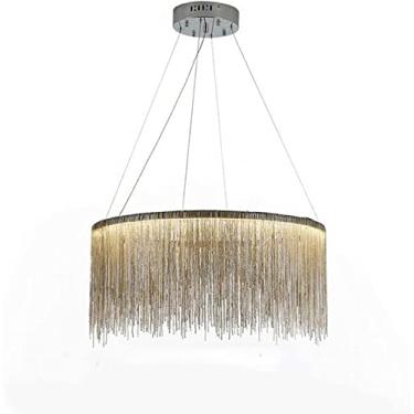 Imagem de Lustre moderno com pingente de corrente de borla de metal, faixa de LED, lustre linear, moderno, redondo, luminária suspensa para casa, 3 luminárias de suspensão reguláveis para cozinha, ilh