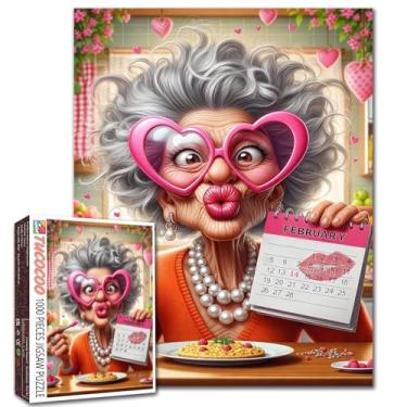 Imagem de Quebra-cabeça Happy Grandma 1000 peças para adultos idosa beijo pintura 14 de fevereiro 1000 peças quebra-cabeças jogo decoração de sala de estar DIY artesanato dia dos namorados presente arte (rosa)