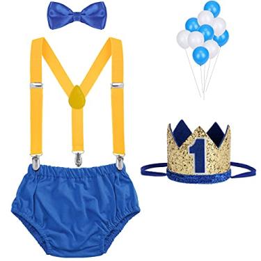 Imagem de WELROG Conjunto de suspensórios para bebês meninos primeiro aniversário bolo esmagamento gravata borboleta chapéu de aniversário brilho dourado, Amarelo e azul real (chapéu de 1 ano), 1 year old hat