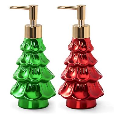 Imagem de NOVAYEAH Dispensador de sabão de Natal com 2 peças, cerâmica verde e vermelha para árvore de Natal, dispensador de sabonete, recipiente decorativo recarregável à prova de vazamento para bancada de